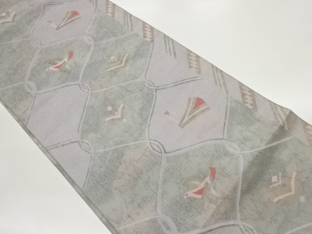 すくい織網目に鳥・抽象模様織出し名古屋帯